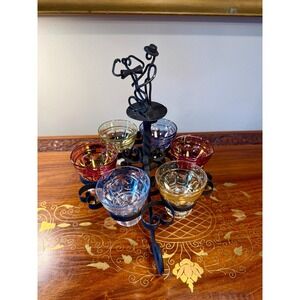 Vintage Cordial Glass Set • Dancing Couple Bar Caddy with 6 Colorful Glasses